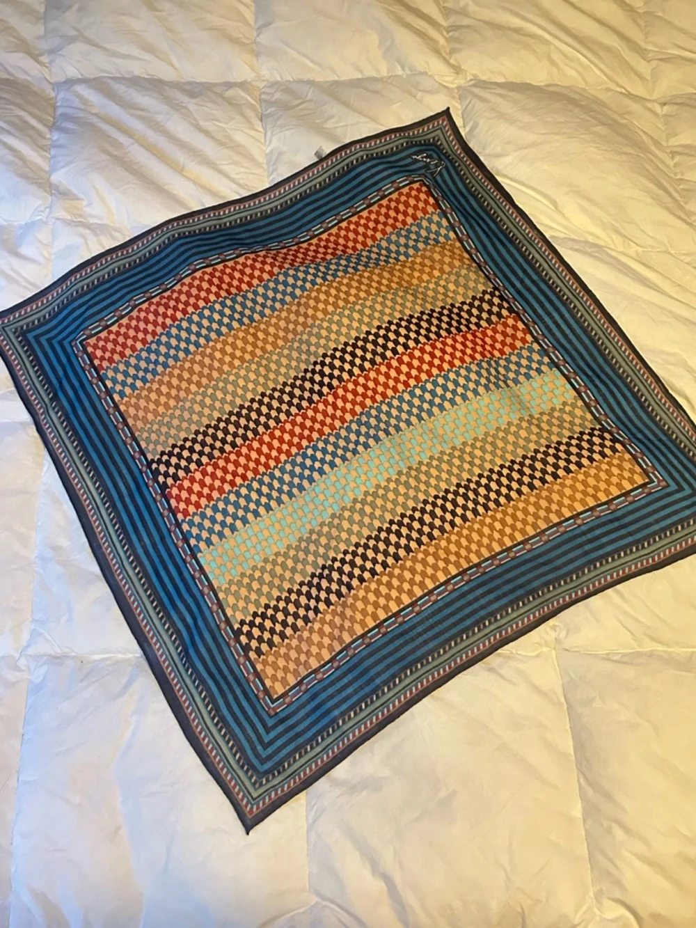 Kenzo Blue and Black Striped Geometric Silk Scarf